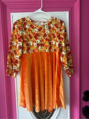 Orange Floral Velvet-Panel Kids Dress